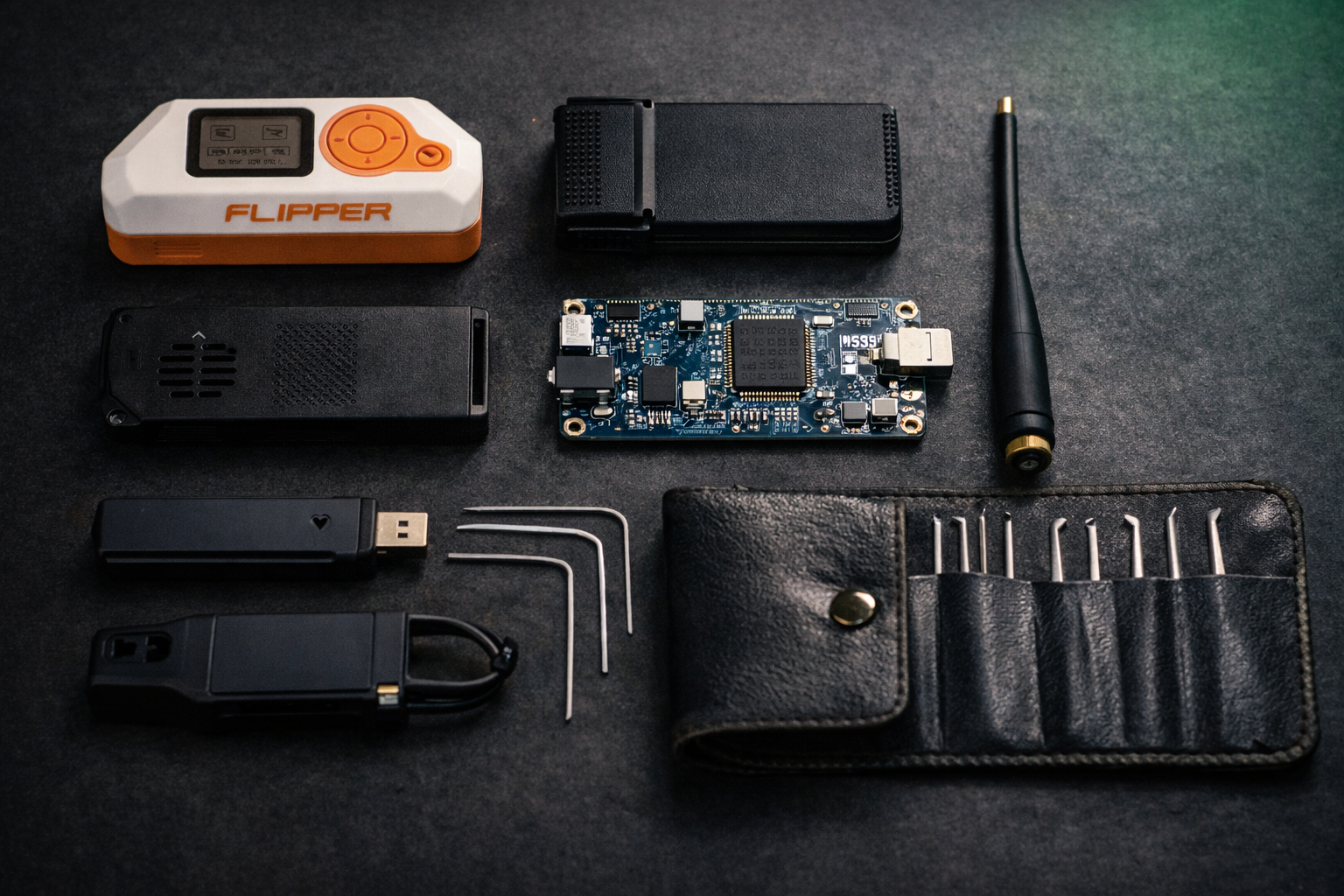 Red team hardware kit: Flipper Zero, WiFi Pineapple, Proxmark3, RTL-SDR, USB Rubber Ducky, and lock pick set