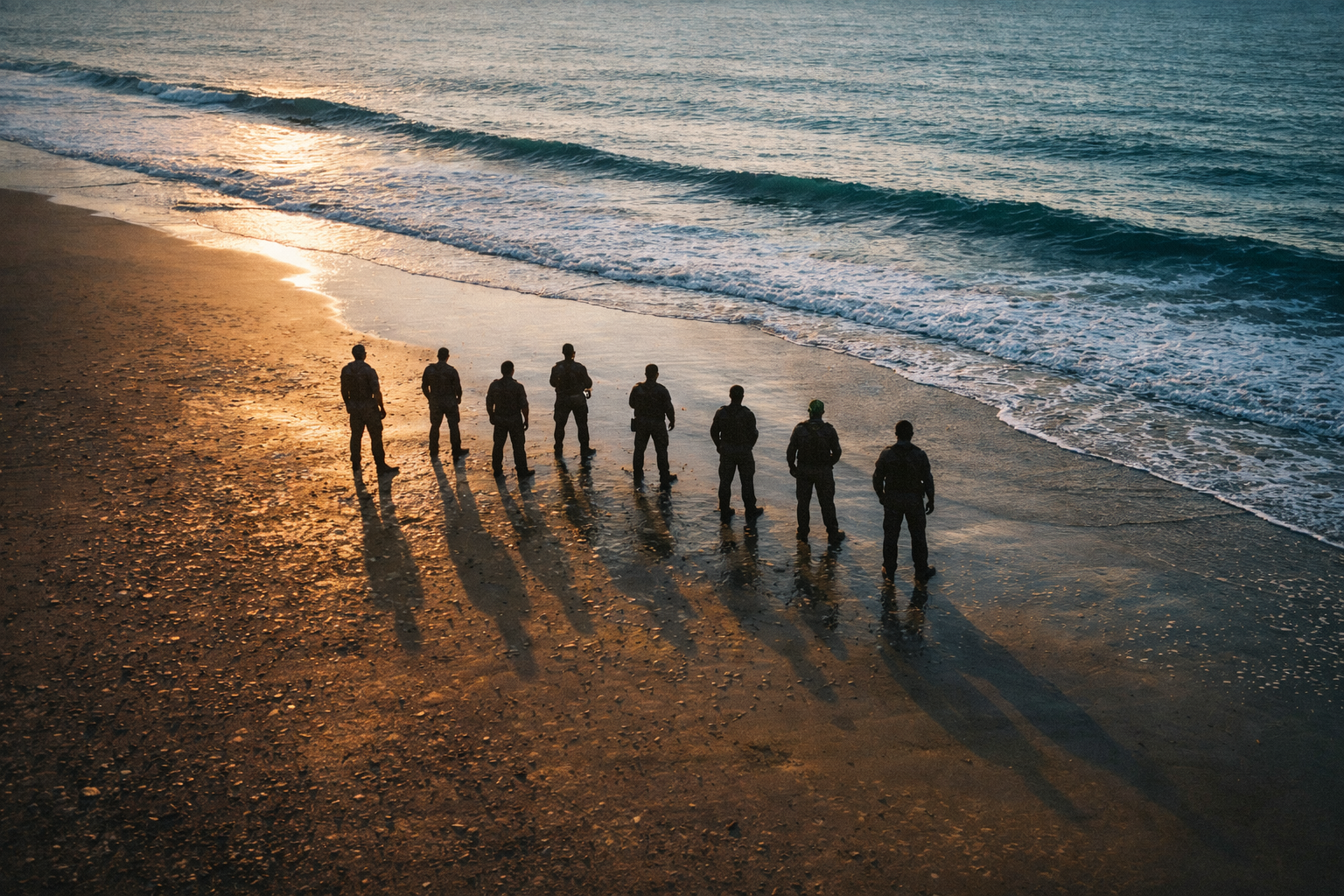 A squad of nine operators standing together on the beach at sunset in Natal, Brazil